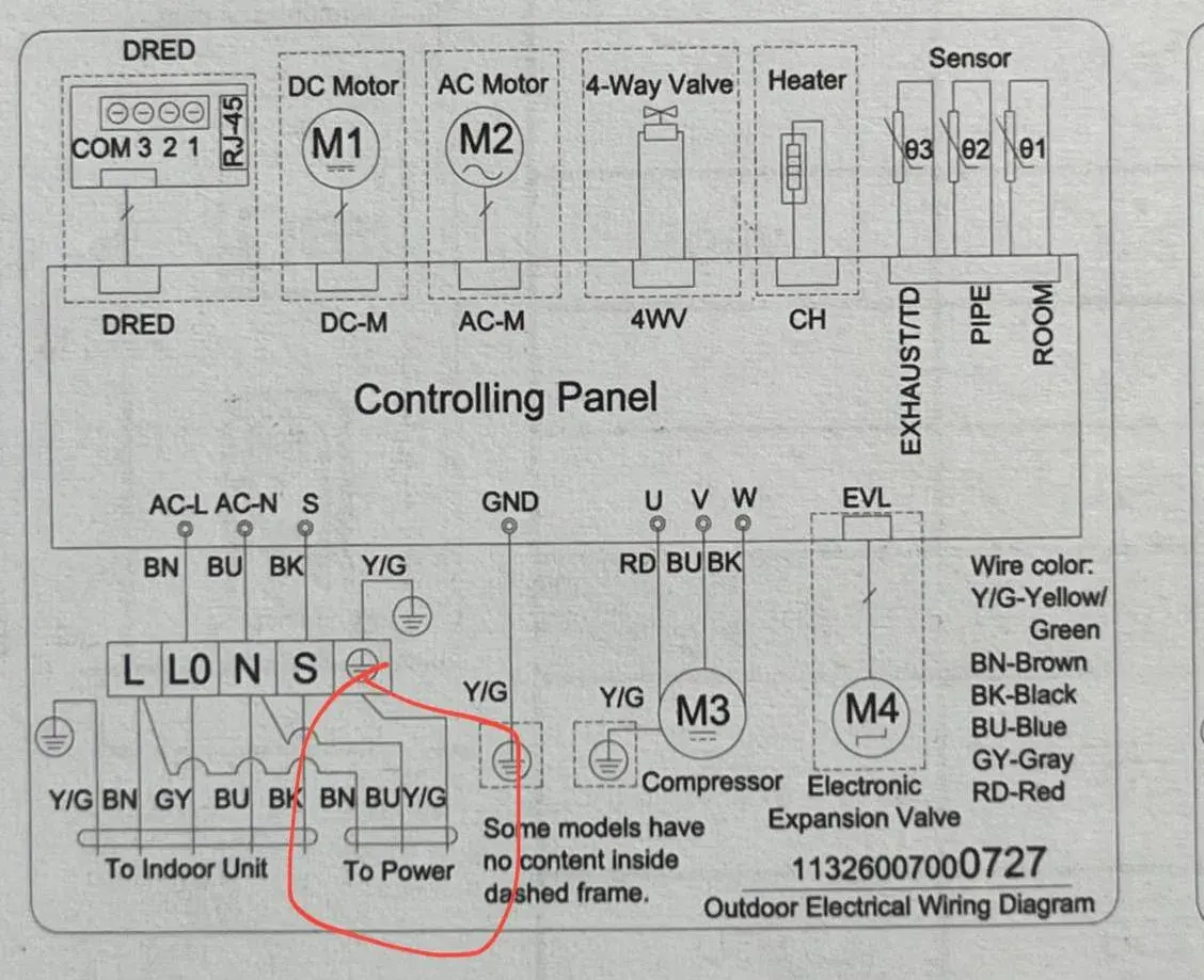 Outdoor AC electrical wiring diagram with control panel, motor, 4-way valve and power connection labels