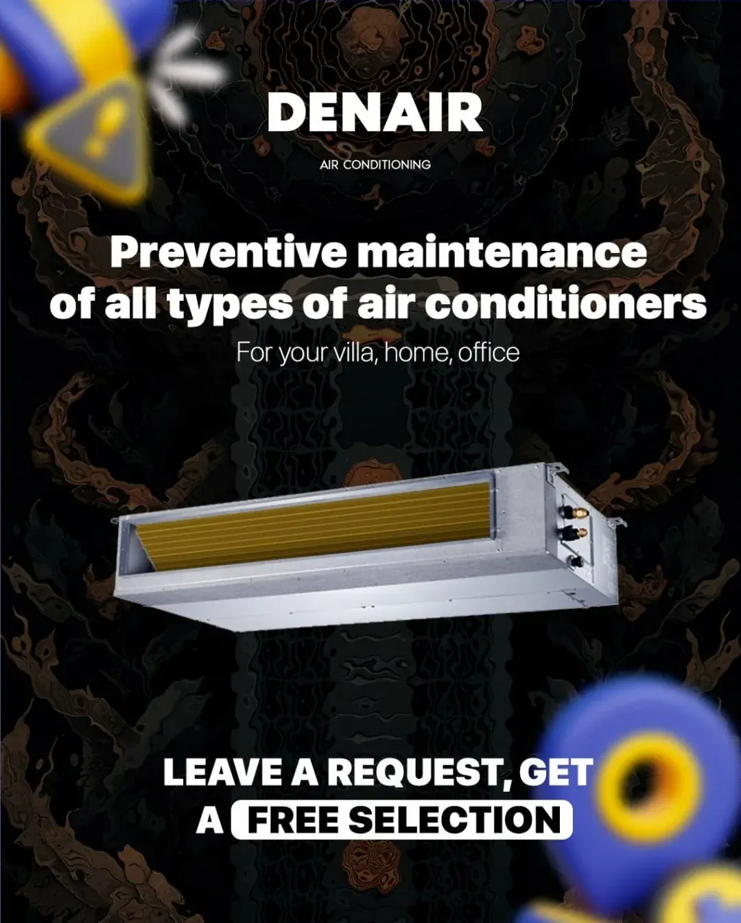 Promotional graphic for Denair preventive maintenance of all types of air conditioners for villas, homes and offices in Dubai